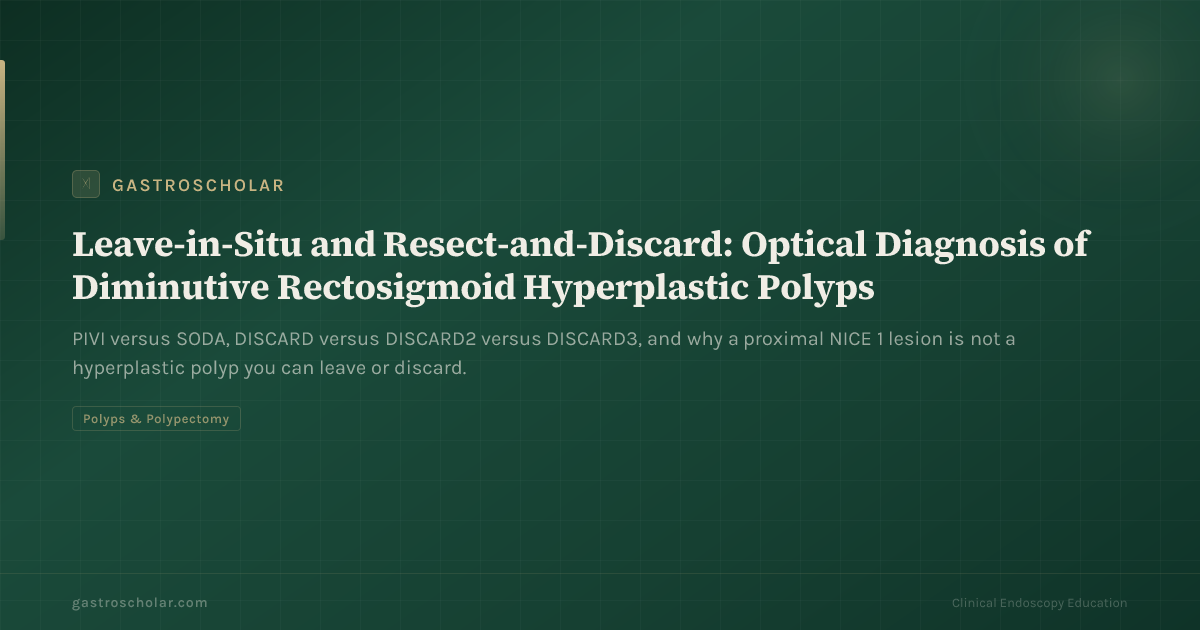 Original GastroScholar summary card for optical diagnosis of diminutive rectosigmoid hyperplastic polyps. Not an endoscopic photograph.